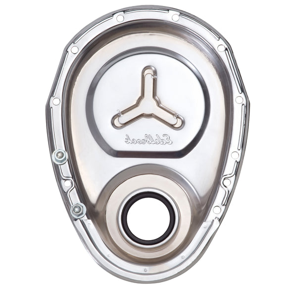 Edelbrock Timing Cover SBC Stamped Steel W/Welded Star & Logo Chrome