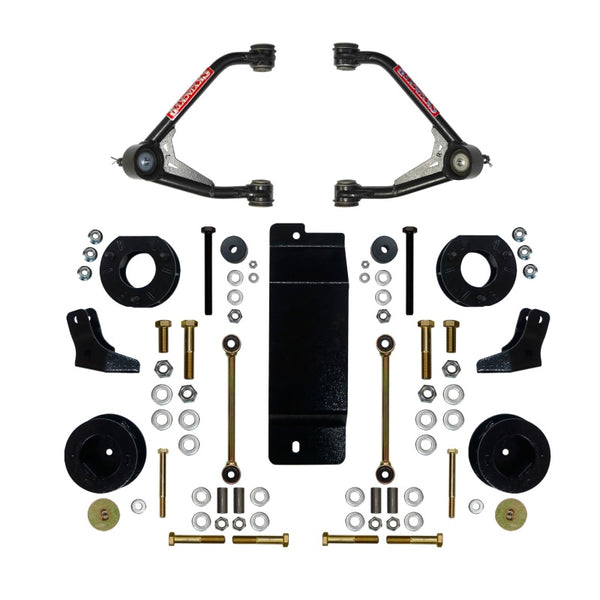 Skyjacker Ensemble de rehaussement 3.5-4 po avec bras de suspension supérieurs 2015-2019 VUS GM 1500 4WD (avec bras de suspension supérieurs en aluminium ou en acier) avec supports d'amortisseurs arrière