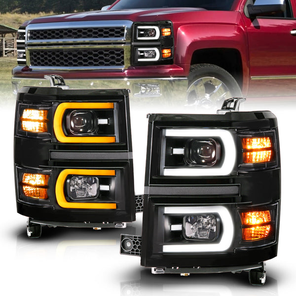 ANZO USA - Black Housing Dual Switchback+Sequential LED Tube Square Projector Headlights — 2014-2015 Chevrolet Silverado 1500 - 111617