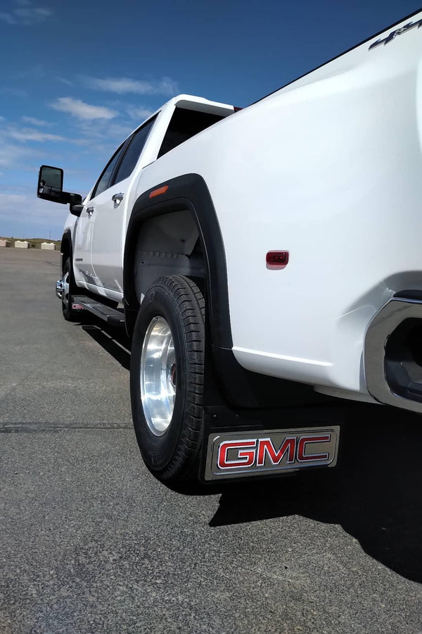 Cloud-Rider Black Custom Fit Kickback Rear Mud Flaps with Stainless Insert - 20-26 Silverado/Sierra HD Dually
