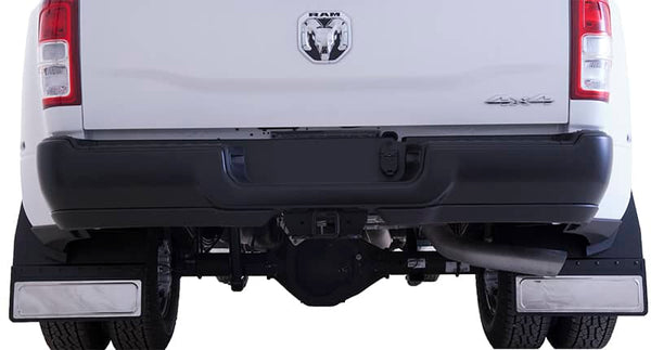Cloud-Rider Black Custom Fit 14" Wide Kickback Rear Mud Flaps with Stainless Insert - 19-26 Ram 2500/3500 Dually