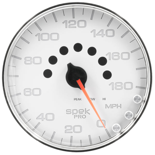 AutoMeter Gauge, Speedometer, 5", 180 MPH, Elec. Programmable, White/Chrome, Spek-Pro