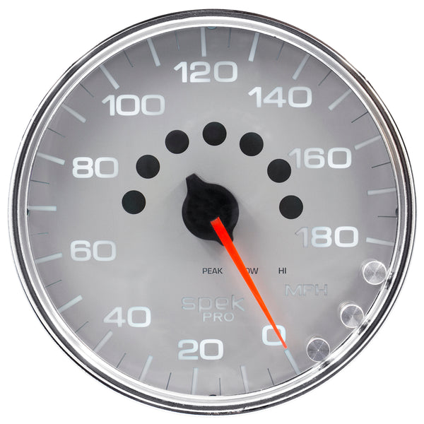 AutoMeter Gauge, Speedometer, 5", 180 MPH, Elec. Programmable, Silver/Chrome, Spek-Pro — Red (P23021)