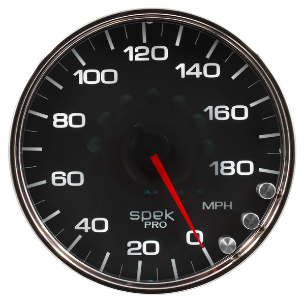 AutoMeter Gauge, Speedometer, 5", 180 MPH, Elec. Programmable, Black/Chrome, Spek-Pro — Red (P23031)