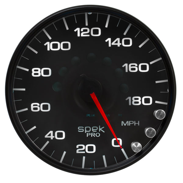 AutoMeter Gauge, Speedometer, 5", 180 MPH, Elec. Programmable, Black/Black, Spek-Pro — Red (P23032)