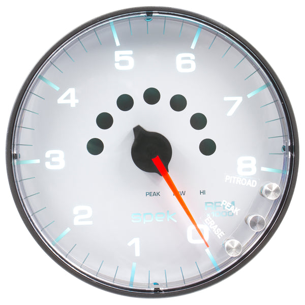 AutoMeter Gauge, Tachometer, 5", 8K RPM, W/Shift Light & Peak Mem, White/Black, Spek-Pro — Red (P238128)