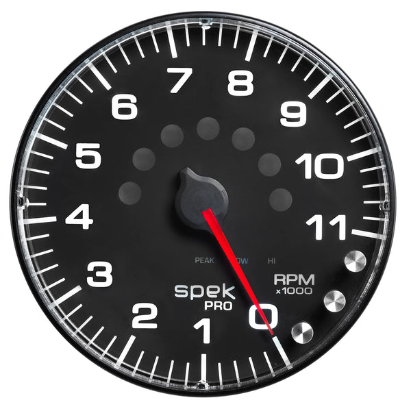 AutoMeter Gauge, Tachometer, 5", 11K RPM, W/Shift Light & Peak Mem, Black/Black, Spek-Pro — Red (P239328)