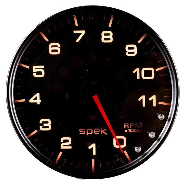 AutoMeter Gauge, Tachometer, 5", 11K RPM, with Shift Light & Peak Mem, Black/Smoke/Black, Spek