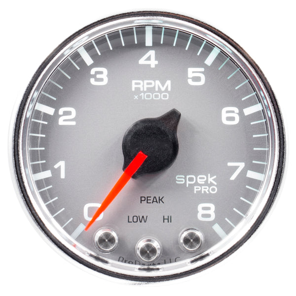 AutoMeter Gauge, Tach, 2 1/16", 8K RPM, W/ Shift Light & Peak Mem, Slvr/Chrm, Spek-Pro — Red (P33421)