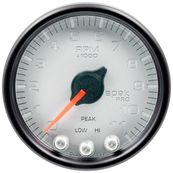 AutoMeter Gauge, Tach, 2 1/16", 11K RPM, W/ Shift Light & Peak Mem, Slvr/Blk, Spek-Pro — Red (P33622)