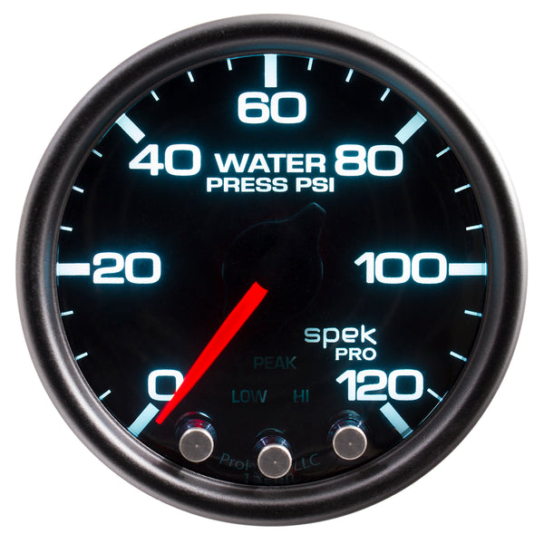 AutoMeter Gauge, Water Press, 2 1/16", 120PSI, Stepper Mtr W/PK & Wrn, Blk/Smoke/Blk, Spek