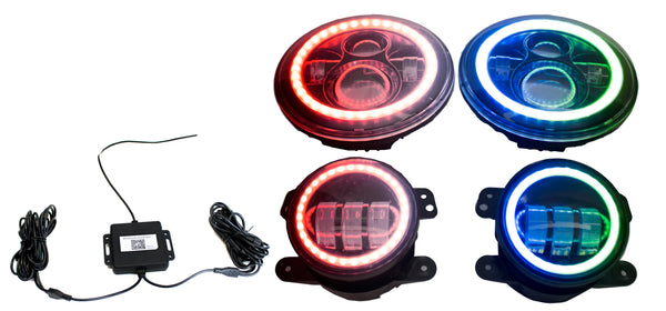 Race Sport Chasing Version - Jeep Wrangler 7in Headlight and 4in Foglight ColorSMART Combo Complete RGB Multi-Color kit - Smartphone Controlled with (2) Headlights and (2) Foglights