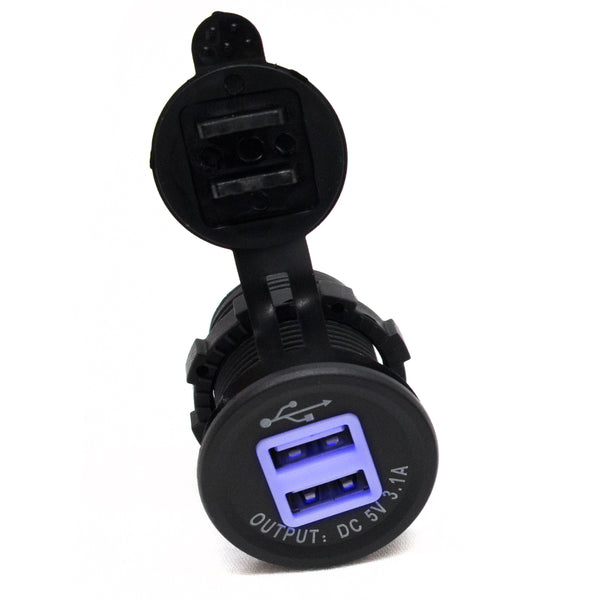 Race Sport Prise USB 2 ports 3.1A, entrée DC12V/24V, sortie DC5V 3.1A, 4 DEL intégrées