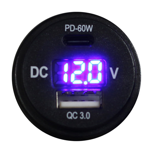 Race Sport Prise ronde auxiliaire combinée voltmètre numérique et port de recharge avec type C QC4.0 60W + type A USB3.0 36W