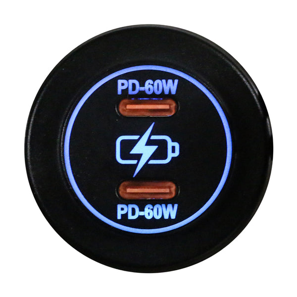 Race Sport Prise ronde de recharge auxiliaire avec deux sorties type C PD 60W, DEL bleu indigo et couvercle