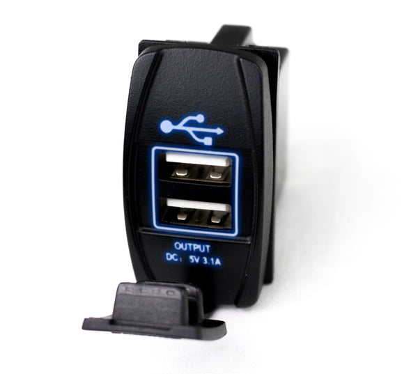 Race Sport LED Rocker Switch 2-Port USB Charge Panel w/ Blue Radiance