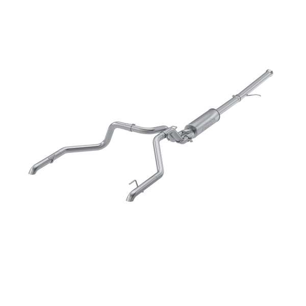 MBRP 3in. Cat-Back. 2.5 Inch Dual Split Rear Exit. Turn Down. T304 — 2022-2026 Chevrolet Silverado 1500, GMC Sierra 1500, select trims