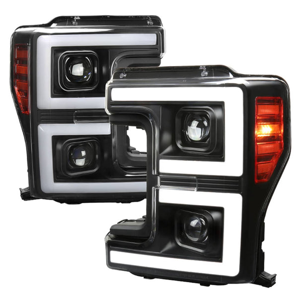 Spec-D Black LED C-Bar Projector Headlights Clear Lens W/ Switchback Sequential Turn Signals - 17-19 Super Duty Halogen Headlight Models Only