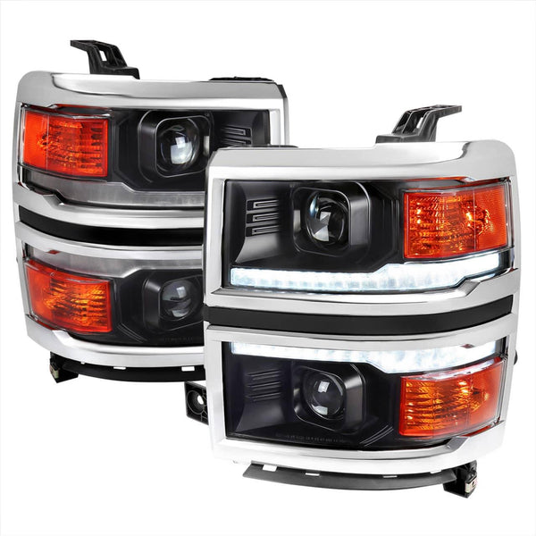 Spec-D Matte Black Projector Headlights with Chrome Trim Clear Lens and Sequential Turn Signals - 14-15 Silverado 1500