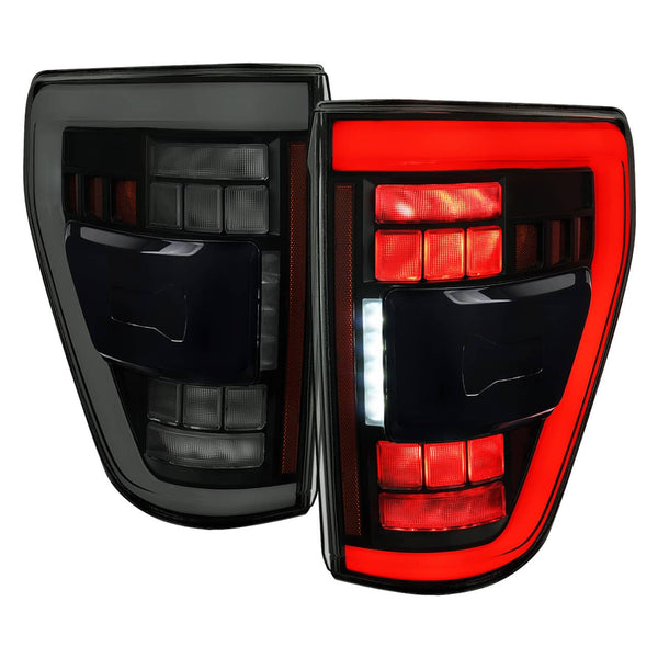 Spec-D Black Full LED Tail Lights with White Light Bar - 21-23 F150 with OE Halogen & Blind (SPD-LT-F15021BBBSM-SQ-RS)