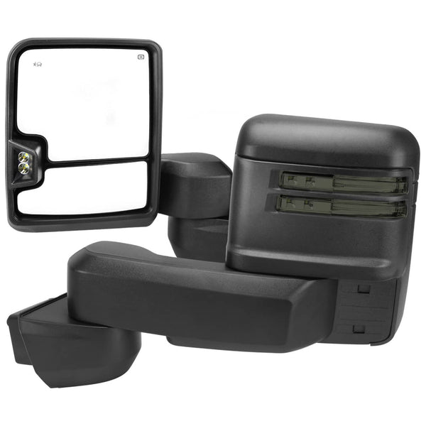 Spec-D Tuning Power Heated Black Power Adjustable Manual Extendable Towing Mirrors (PAIR) with Smoke Lens LED Turn Signals and Clearance Lights - 20-25 Silverado/Sierra HD