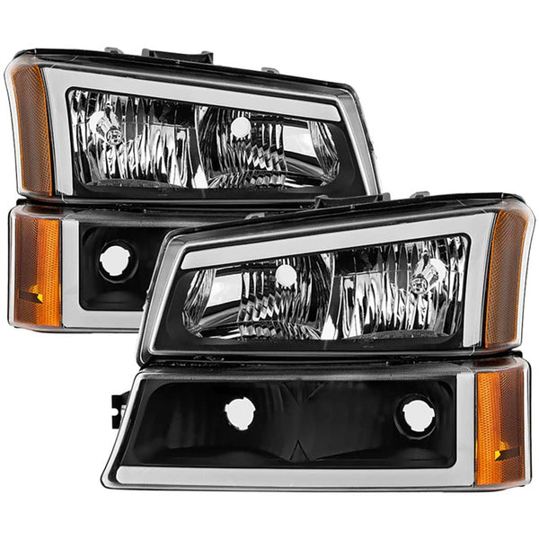 Spyder Xtune Black Crystal Headlights with Bumper Lights with LED Light Bar | 2003-2006 Silverado 1500/2500/3500/2003-2007 Silverado 1500HD/2003-2006 Silverado 2500HD