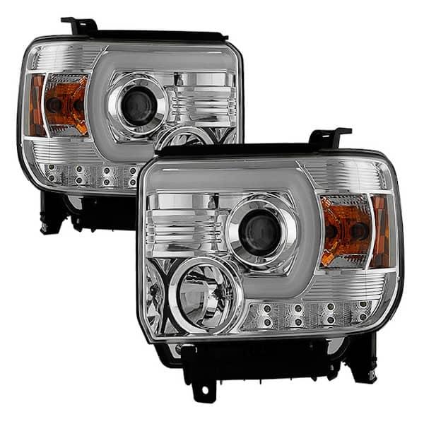 Spyder Chrome Projector Headlights with Light Bar DRL - 14-18 Sierra 1500/ 15-19 HD