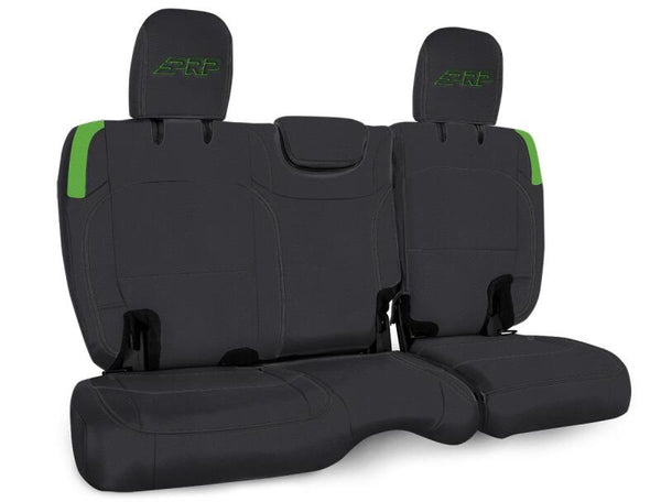 PRP Seats Rear Bench Seat Cover Black/Green — 2018-2026 Jeep Wrangler JLU 4-Door without Armrest (B043-06)