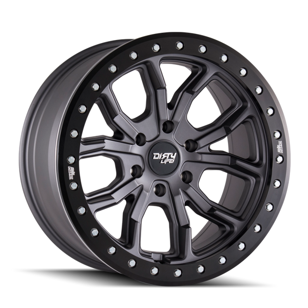 Dirty Life Roue 9303 DT-1 17x9/5x127/déport -12mm/moyeu 78.1mm - gris métal mat - anneau anti-rayures simulé
