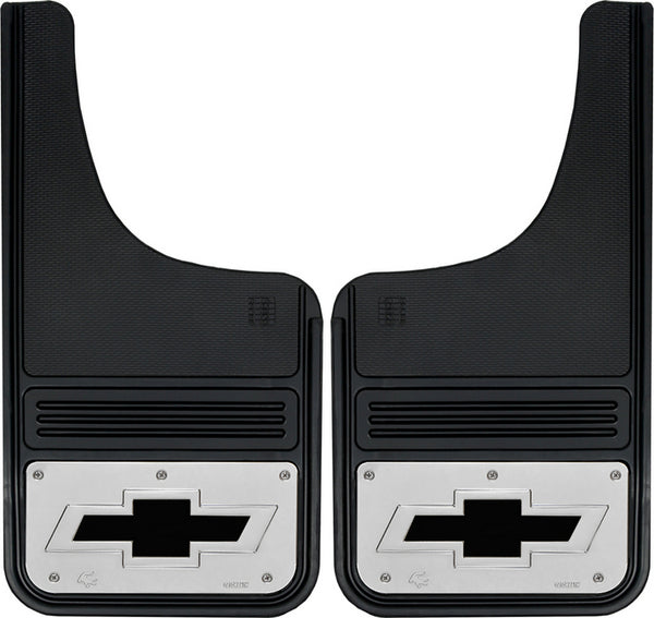 Truck Hardware Mudflap Pair Gatorback Pair 12x23 Moon Cut Black inBowtiein Logo - Stainless Steel (TH-GB1223CUTBT-B)