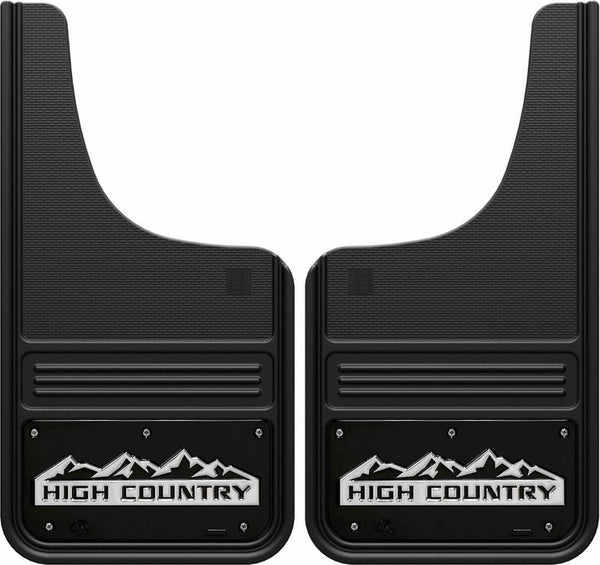 Truck Hardware Mudflap Pair Gatorback 12x23 Black/Wrap Moon Cut inHigh Countryin Logo - Stainless Steel (TH-GB1223CUTHC-W)