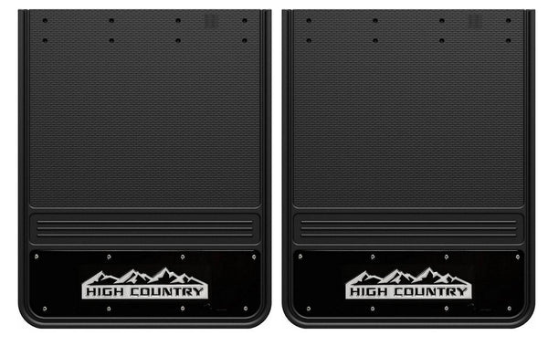 Truck Hardware Mudflap Pair Gatorback 19x24 Dually Black/Wrap Rectangular inHigh Countryin Logo - Stainless Steel (TH-GB1924HC-W)