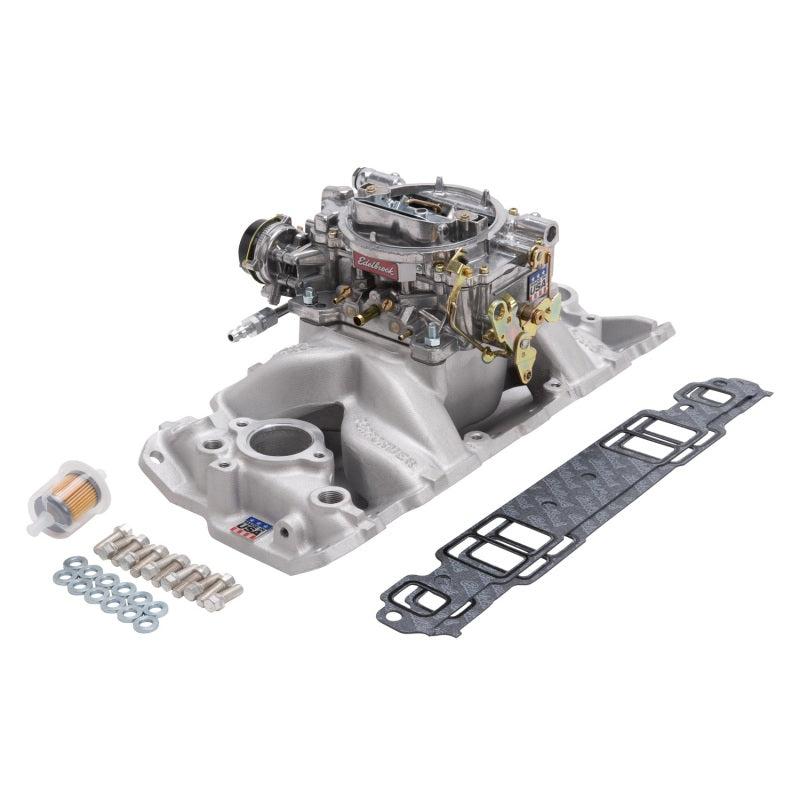 Edelbrock Performer Air-Gap Single-Quad Manifold and Carb Kit, Natural Finish — Small-Block Chevrolet 1957-1986 (2020)