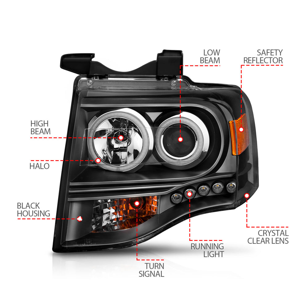 ANZO USA - Projector Headlight Set w/Halo — 2007-2014 Ford Expedition - 111113