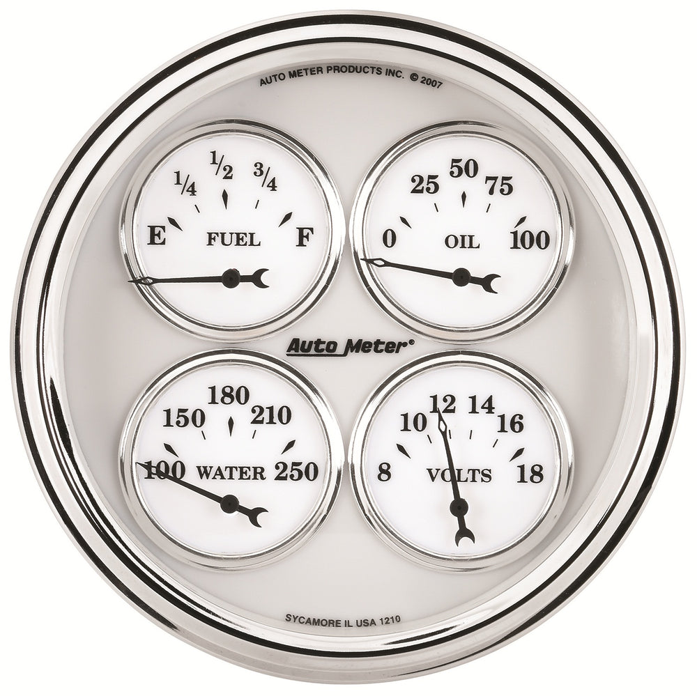 AutoMeter 5" Quad Gauge, 100 PSI/100-250 F/8-18V/240-33 Ohm, Old-Tyme White II