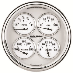 AutoMeter 5" Quad Gauge, 100 PSI/100-250 F/8-18V/240-33 Ohm, Old-Tyme White II
