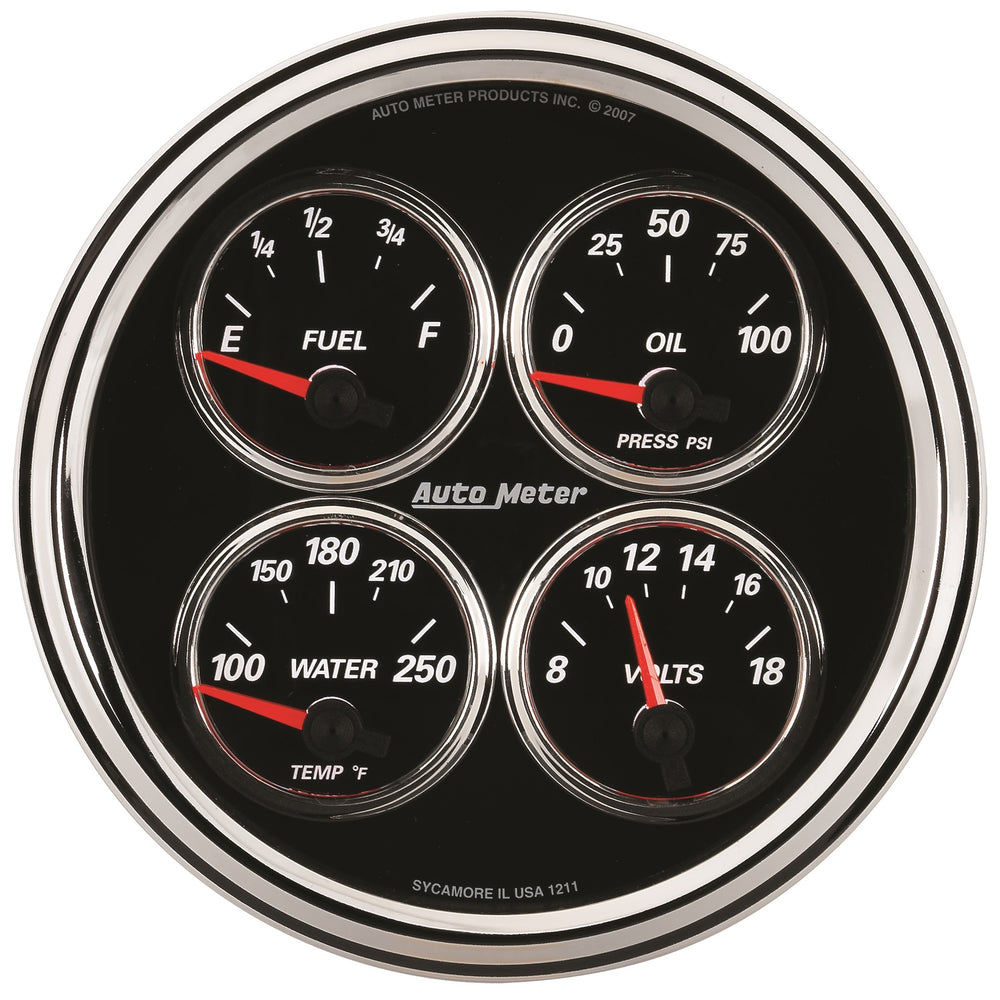 AutoMeter 5" Quad Gauge, 100 PSI/100-250 F/8-18V/240-33 Ohm, Designer Black II