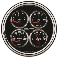 AutoMeter 5" Quad Gauge, 100 PSI/100-250 F/8-18V/240-33 Ohm, Designer Black II