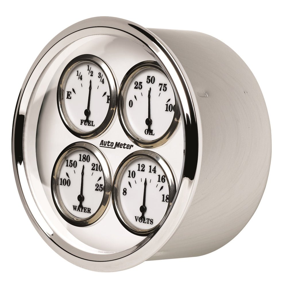 AutoMeter 5" Quad Gauge, 100 PSI/100-250 F/8-18V/0-90 Ohm, Old-Tyme White II