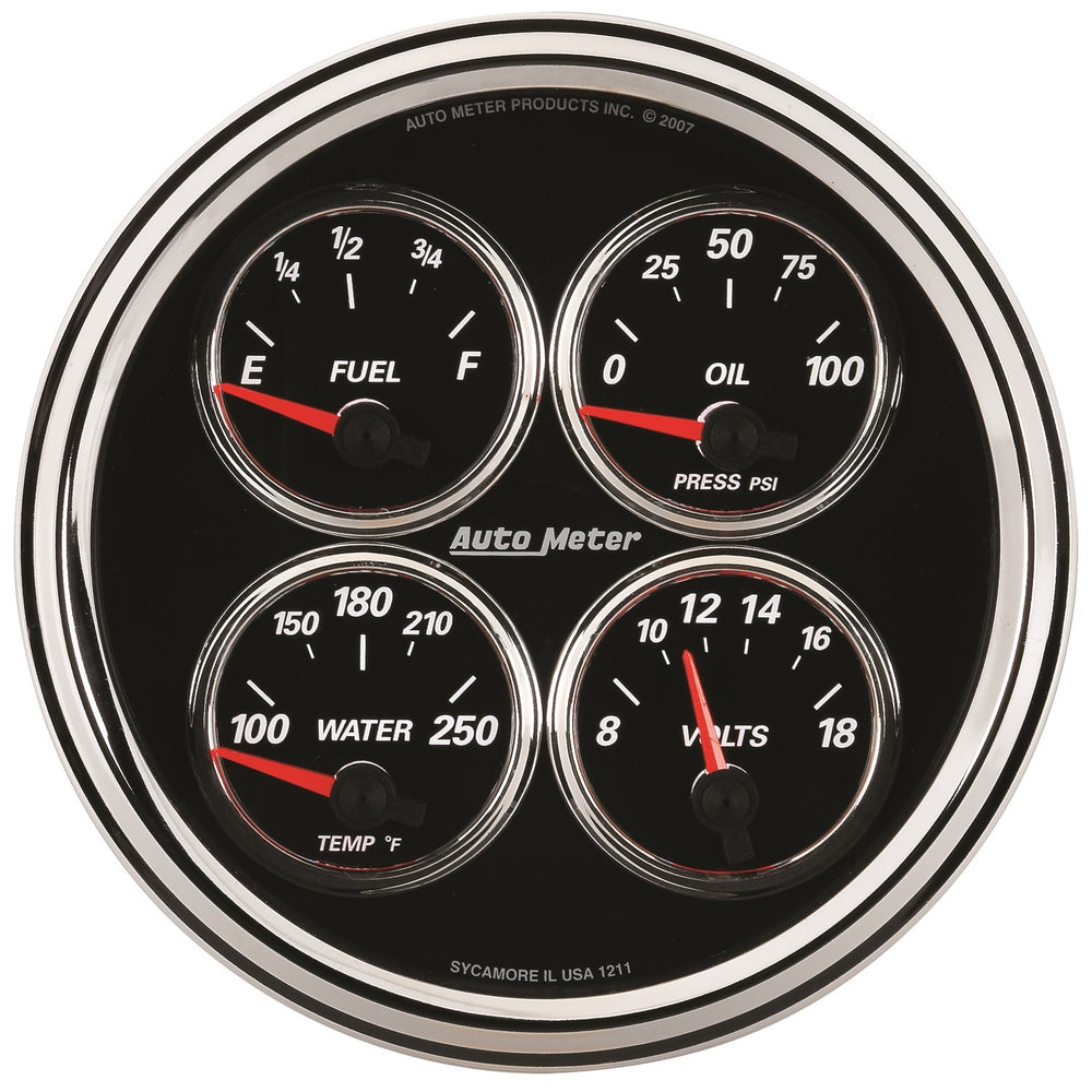 AutoMeter 5" Quad Gauge, 100 PSI/100-250 F/8-18V/0-90 Ohm, Designer Black II