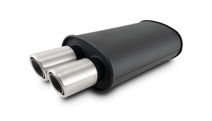 Vibrant - 12310- STREETPOWER FLAT BLACK Oval Muffler with Dual 304SS Brushed Tips - Inlet ID: 2.50 in. Tip OD: 3.00 in. - Muffler Body Size: 9 inW x 5 inH x 15 inL - Tip Location: Center of End Cap