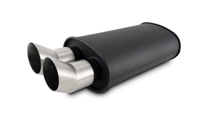 Vibrant - 12330- STREETPOWER FLAT BLACK Oval Muffler with Dual 304SS Brushed Tips - Inlet ID: 2.50 in. Tip OD: 3.00 in. - Muffler Body Size: 9 inW x 5 inH x 15 inL - Tip Location: Center of End Cap