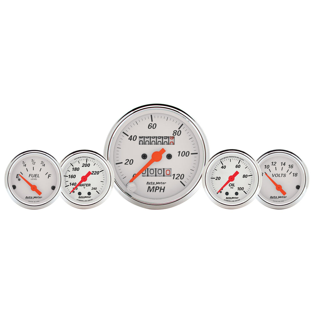 AutoMeter 5 PC. Gauge Kit, 3-1/8" & 2-1/16", Mech. Speedo., Wtmp & Oilp, Arctic Wht