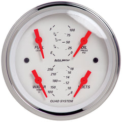 AutoMeter 3-3/8" Quad Gauge, 100 PSI/100-250 F/8-18V/240-33 Ohm, Arctic White