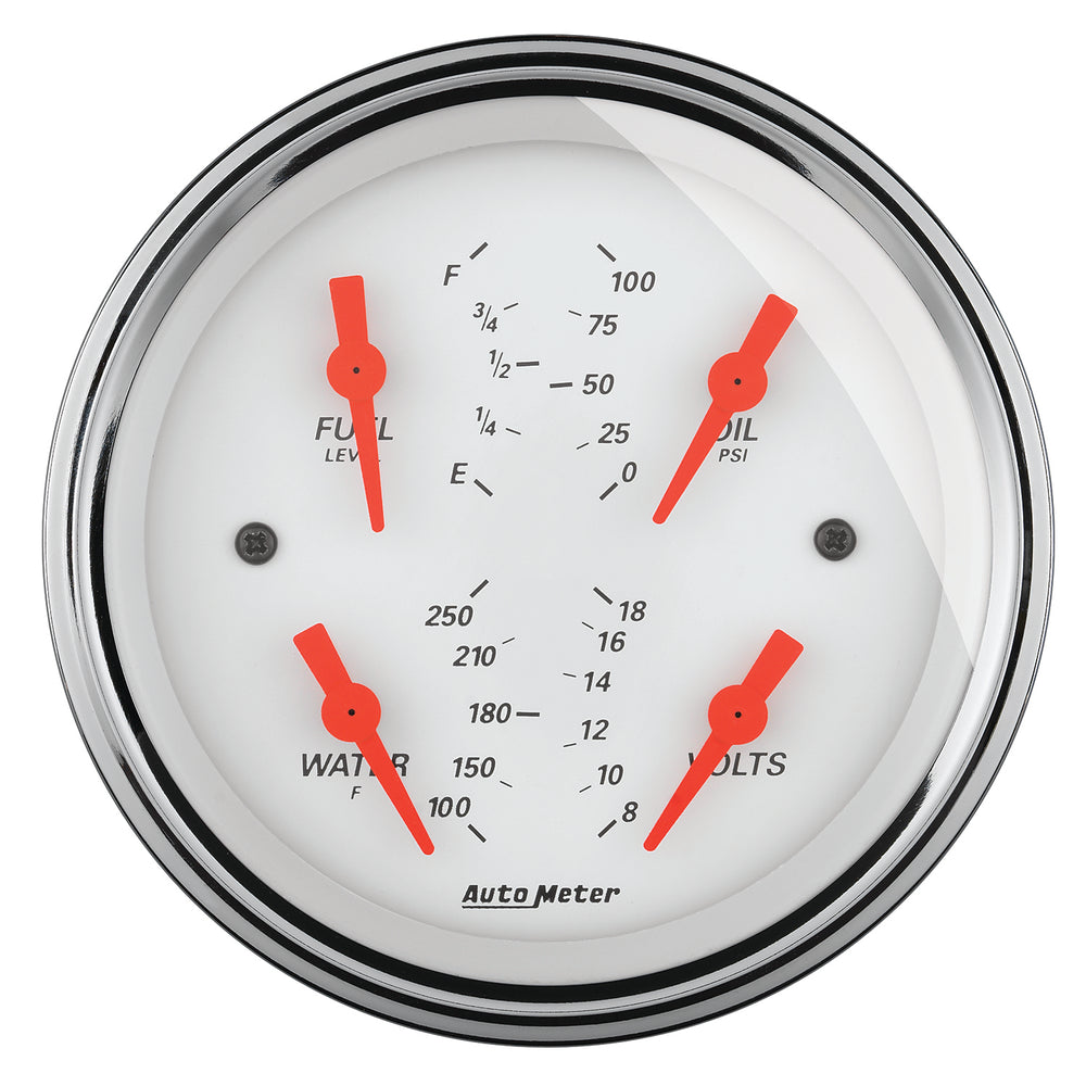AutoMeter 3-3/8" Quad Gauge, 100 PSI/100-250 F/8-18V/0-90 Ohm, Arctic White
