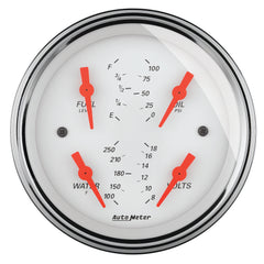 AutoMeter 3-3/8" Quad Gauge, 100 PSI/100-250 F/8-18V/0-90 Ohm, Arctic White