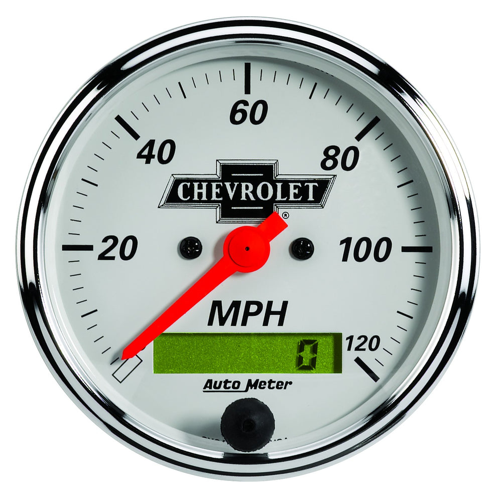 AutoMeter Gauge, Speedo, 3 1/8", 120MPH, Elec Prog W/ Lcd Odo, Chevrolet Heritage Bowtie