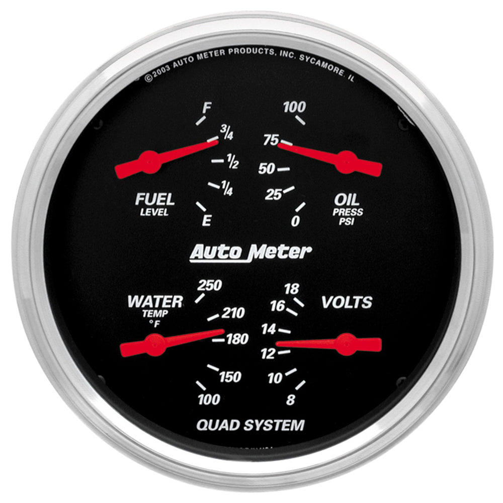 AutoMeter 5" Quad Gauge, 100 PSI/100-250 F/8-18V/240-33 Ohm, Designer Black