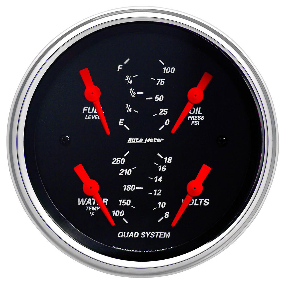 AutoMeter 3-3/8" Quad Gauge, 100 PSI/100-250 F/8-18V/240-33 Ohm, Designer Black