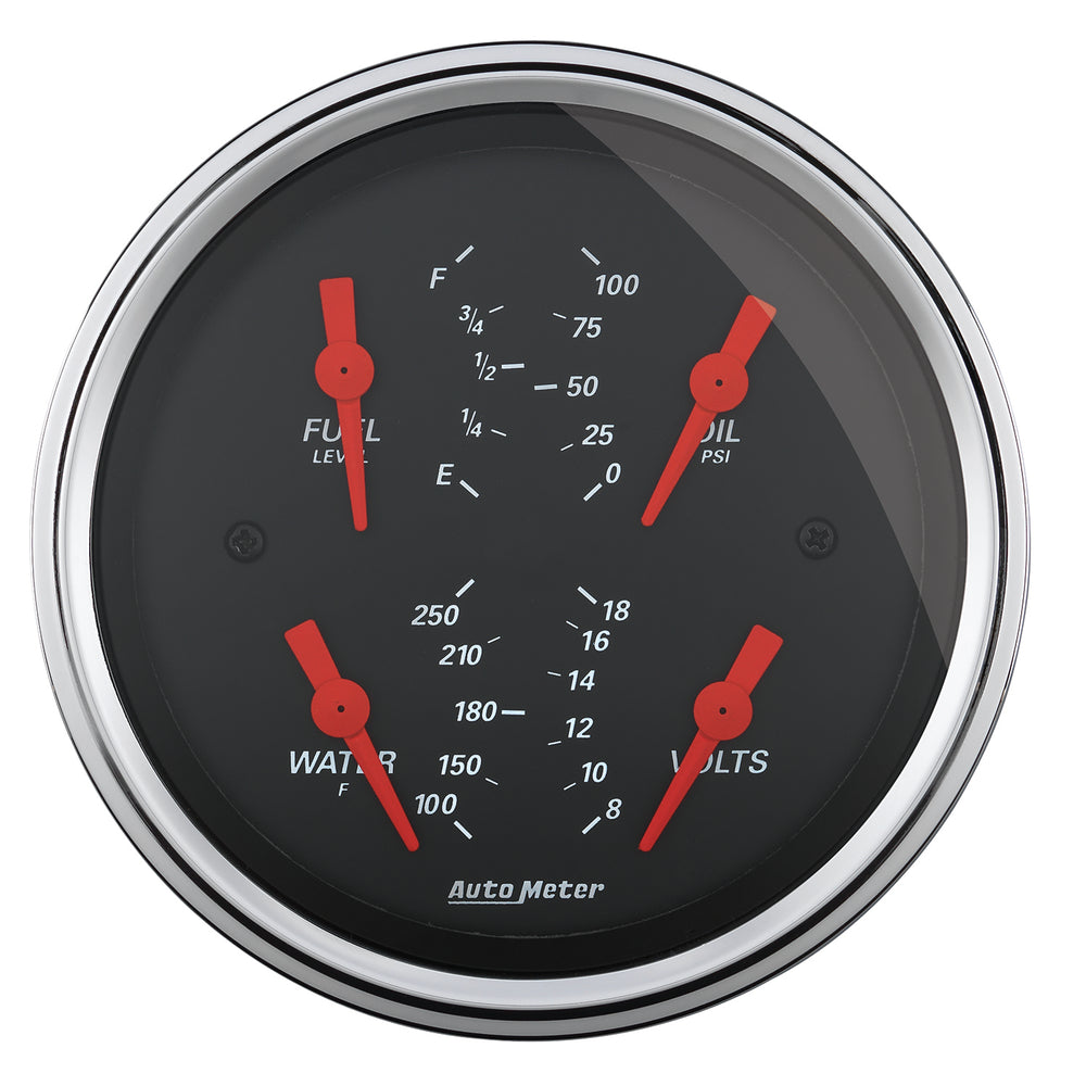 AutoMeter 3-3/8" Quad Gauge, 100 PSI/100-250 F/8-18V/0-90 Ohm, Designer Black